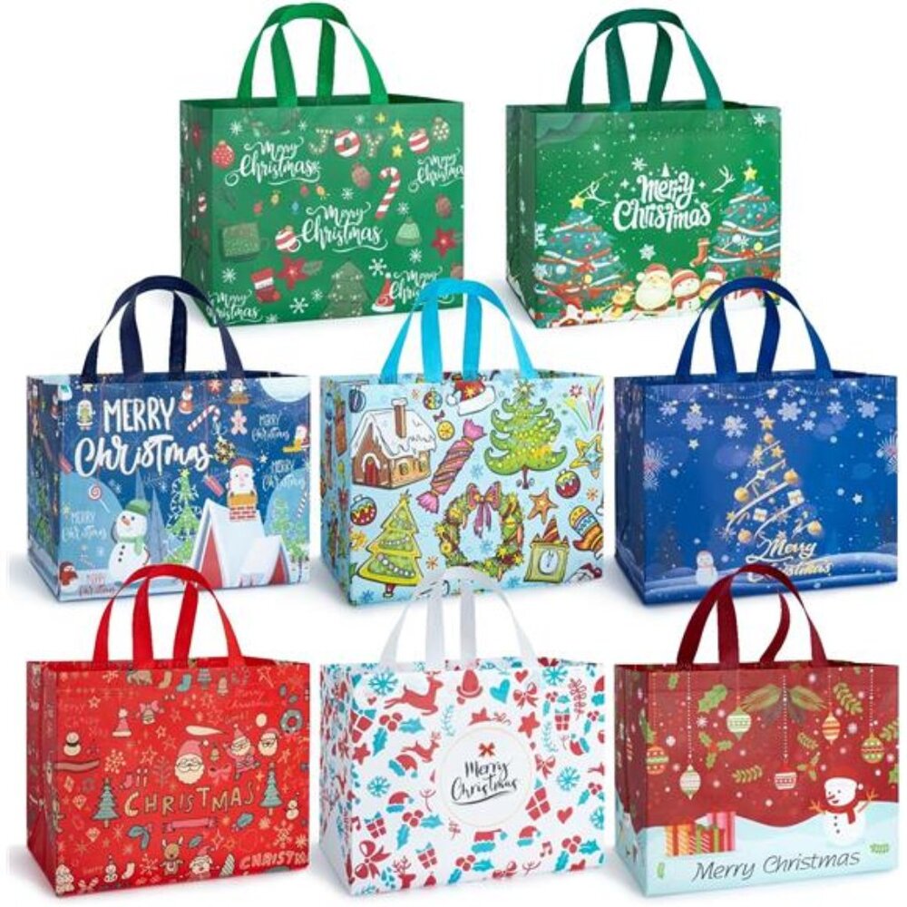 8 PCS Large Christmas Gift Bags With Handles, Non Woven Reusable